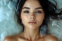 Young Asian woman with natural makeup and wet dark hair relaxing in water with dreamy expression, closeup beauty portrait against turquoise background.