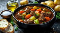Hearty beef stew with tender meat chunks, carrots, potatoes in rich brown gravy. Homemade comfort food served in black bowl with rustic bread on dark background.