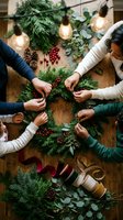 Family hands crafting festive wreath together with evergreen branches, pinecones and red berries on rustic wooden table during holiday season preparation.