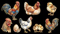 Rooster, hen, and chick illustrations isolated on transparent background. Farm poultry clipart ready for t-shirts, stickers, print-on-demand products, sublimation designs, and digital crafts.