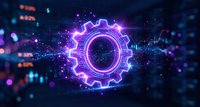 Glowing purple neon gear wheel with digital particles and bokeh lights on dark blue background for technology and innovation concepts.