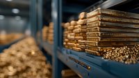 Stacks of golden chocolate bars arranged on blue industrial shelves, selective focus creates depth and texture in confectionery warehouse storage setting.
