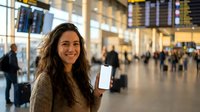 Young Hispanic woman traveler holding smartphone with blank white screen at modern airport terminal departure hall for travel app mockup and communication.