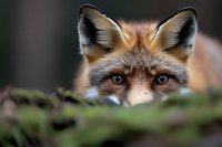 Red fox face peering through green foliage, close up portrait showing bright blue eyes and alert ears against blurred natural background.
