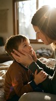 Loving mother gently holding young son's face in warm sunlit bedroom creating tender intimate family moment together at home.