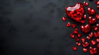 Red crystal hearts scattered on dark background with copy space, romantic Valentine's Day concept for greeting cards and love messages.