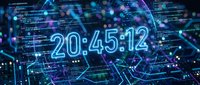 Digital countdown timer displaying 20:45:12 on futuristic holographic interface with glowing blue neon circuits and data streams for technology presentations.