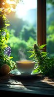 Steaming cup of herbal tea on windowsill with fresh cannabis plant and morning sunlight creating atmospheric mood through garden window view.