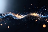 Magical glowing wave of sparkling particles flowing on dark background with golden and blue light effects creating ethereal atmospheric motion.
