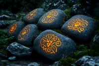 Glowing mystical Celtic patterns carved on dark stones in mossy environment create magical atmosphere for spiritual and meditation backgrounds.