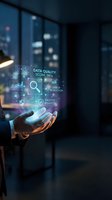 Business professional displaying holographic data analytics interface with quality metrics and insights in modern office environment for digital transformation.