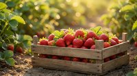 Fresh ripe strawberries in wooden crate at organic farm during golden hour harvest time with green foliage background for healthy eating and agriculture concepts.