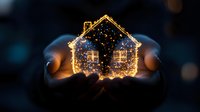 Glowing house silhouette with magical sparkles held in cupped hands against dark background, creating cozy atmospheric holiday mood. For greeting cards and festive designs.