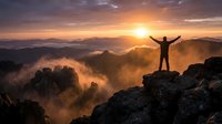 Male hiker with raised arms celebrating sunrise on mountain peak with dramatic clouds and golden light over valley landscape for adventure and success concepts.