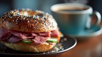 Fresh everything bagel sandwich with sliced pastrami, lettuce and tomato on dark plate with coffee cup in background for breakfast or lunch menu.