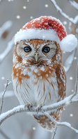 Brown owl wearing red and white Santa hat perched on snow-covered branch during winter snowfall. Festive holiday wildlife portrait for seasonal greeting cards and Christmas designs.