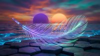 Surreal fantasy landscape with glowing translucent feather on rocky shore under vibrant sunset sky with dual suns and aurora lights over ocean waves.