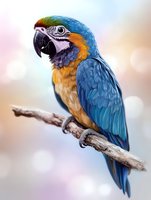 Blue and gold macaw perched on wooden branch against soft bokeh background, detailed feathers and expressive eyes showcase tropical bird's natural beauty.