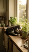 Gray and white cat resting on a rustic wooden kitchen counter beside potted herbs near a sunlit window in a cozy home interior.