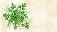 Fresh green parsley bunch painted in watercolor style on beige background with splashes, perfect for culinary, herbal, and natural food design projects.