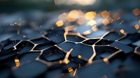 Futuristic network structure with glowing golden particles floating above dark hexagonal surface creates dramatic technological atmosphere. Abstract digital concept.