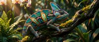Colorful chameleon with vibrant turquoise and orange patterns resting on moss-covered branch in tropical rainforest environment with lush green foliage.