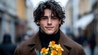 Young Caucasian man with curly dark hair smiling while holding yellow daffodils on urban street. Wearing brown coat and black scarf. Romantic spring portrait with soft bokeh background.