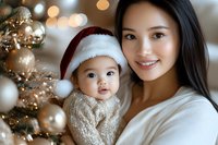 Young Asian mother holding baby in Santa hat near decorated Christmas tree with bokeh lights and ornaments in warm cozy holiday setting.