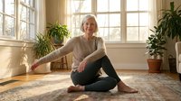 Senior woman practicing yoga meditation in bright sunlit room with houseplants. Mature female in comfortable pose on floor mat for wellness and mindfulness.