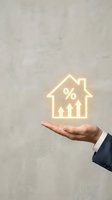 Businessman hand holding glowing house icon with percentage symbol and growth arrows representing real estate investment and mortgage rates concept.