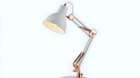 White and rose gold adjustable desk lamp with articulated arm on light background, modern minimalist home office lighting design.