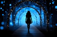 Silhouette of woman walking through magical glowing blue tunnel with sparkles and light effects. Dark mysterious pathway with bokeh lights creates dreamy atmosphere.