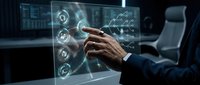 Businessman in dark suit interacting with holographic touchscreen displaying financial data, graphs, and digital icons in modern office environment for technology and business concepts.
