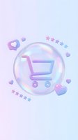 Holographic shopping cart icon in translucent bubble with gradient hearts and stars on pastel background for e-commerce and retail design.