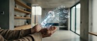 Senior man holding smartphone with holographic digital icons floating above device in modern home interior showcasing futuristic technology and connectivity.