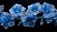Luminous blue morning glory flowers with dewdrops on dark background, glowing petals create ethereal botanical art composition for wall decor and greeting cards.