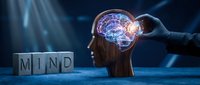 Wooden head profile with glowing brain neural network and hand touching it, mind concept for artificial intelligence, learning, and innovation.