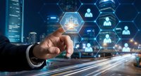 Businessman touching digital justice scale icon in hexagonal network interface against modern city skyline at night representing legal technology solutions.
