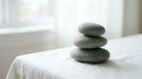 Three smooth gray zen stones carefully balanced in stack on white fabric surface near bright window creating peaceful meditation and wellness atmosphere.