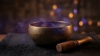 Tibetan singing bowl with wooden striker on dark fabric surface with warm bokeh lights creating peaceful meditation atmosphere for wellness practices.