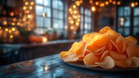 Crispy potato chips on blue plate against blurred festive background with warm bokeh lights and window silhouette creating cozy atmosphere.