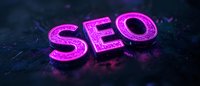 Glowing pink neon SEO text on dark textured background with scattered particles creates modern digital marketing atmosphere for web design and promotion.