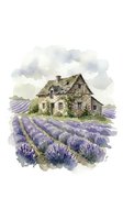 Watercolor painting of rustic stone farmhouse surrounded by purple lavender fields under cloudy sky for home decor and wall art projects.