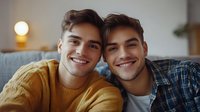 Two young handsome men taking selfie together at home, smiling friends embracing on couch in cozy living room with warm lighting for lifestyle content.