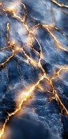 Dramatic navy blue marble texture with glowing golden cracks and veins creating abstract lightning-like pattern. Luxury stone surface background for design projects.