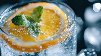 Fresh orange slice and mint leaves floating in sparkling beverage with ice cubes and bubbles, macro shot showing refreshing drink details in glass.