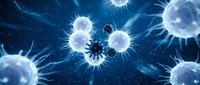 Microscopic virus cells with glowing spikes floating in blue scientific environment, suitable for medical, healthcare, and educational presentations.