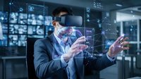 Professional businessman using virtual reality headset interacting with holographic interface in modern tech office environment for immersive digital experience.