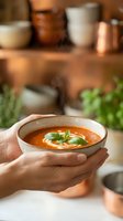 Hands holding warm tomato soup bowl with basil garnish and cream swirl in cozy kitchen setting for food photography and culinary content.