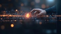 Hand touching glowing digital circuit pattern with orange light effects and bokeh overlay, representing technological advancement and digital transformation.